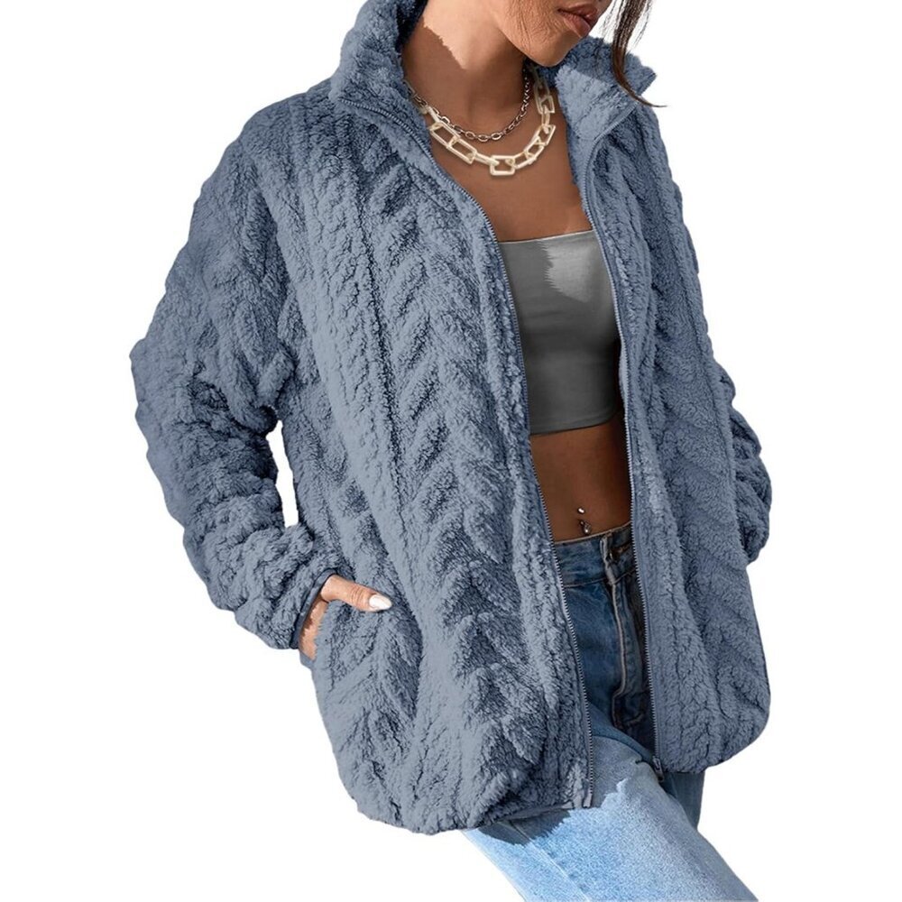 Women's DarkBlue Fleece Jacket 2026 Zipper Stand Collar Casual Coats with Pocket